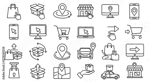 Online shopping and delivery icons. E-commerce, retail, logistics, and consumerism visualized in simple graphics.