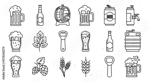 Beer icons showcase various drink types and accessories. Beverage, alcohol, brew, glassware, mug, bottle opener, brewing process.