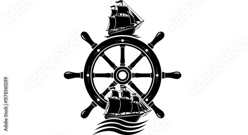 Ship wheel with sailing ships on top and bottom. Nautical theme, maritime, vintage, ocean transport