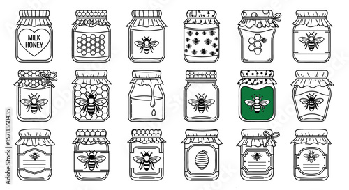 Collection of honey jars with different designs illustrated. Food product, homemade, sweet dessert, glass containers.