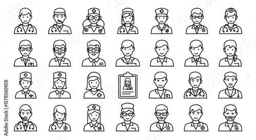 Set of medical professional avatars in line art style. Doctors, nurses, healthcare workers, vector icons