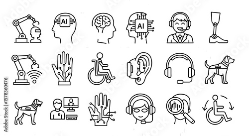 Assistive technology icons represent different types of aid. Disability assistance, accessibility, support, adaptive