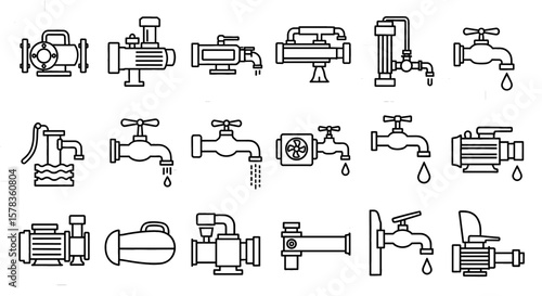 Collection of different water pumps and taps illustrated. Plumbing equipment, water supply, pipeline, industrial, household, maintenance, repair, equipment.