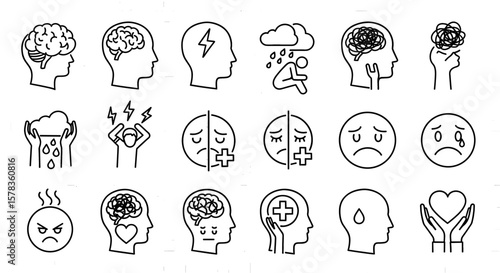 Collection of line art icons representing mental health conditions. Mental health awareness, psychology, therapy, depression, anxiety, stress, healing, emotional support.