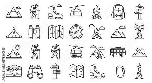 Hiking equipment icons for outdoor adventure activities. Camping, backpacking, wilderness, exploration, adventure gear