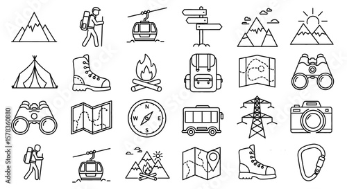 Hiking and camping icon set with outdoor activity symbols. Adventure, travel, nature, recreation, equipment