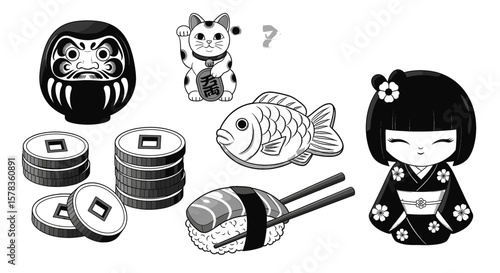 Japanese-themed icons represent culture. Lucky charm, kokeshi doll, sushi, coins, and daruma, icons show aspects of Japanese symbolism.