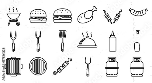 Barbecue line icons show outdoor cooking equipment. Grilling, summer, picnic, food preparation, party, meal