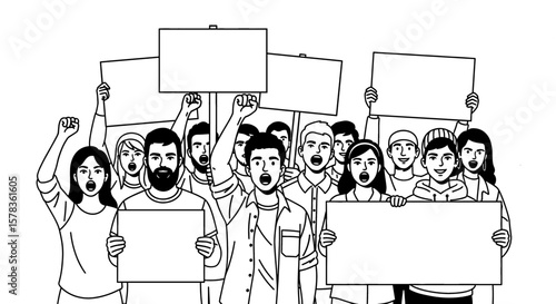 Crowd protests with signs in the air and shouting. Activism, demonstrating, political, march, rally, protesting, sign