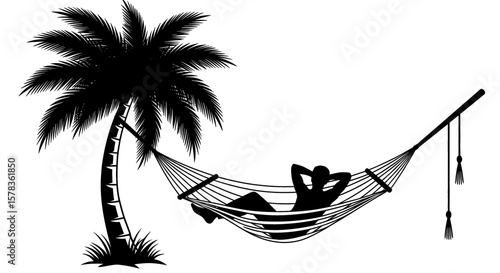 Person relaxes in hammock under palm tree. Vacation, leisure, relaxation, summer.