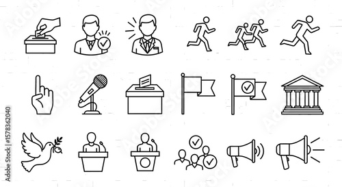Icons showing voting, running, flags, and more. Elections, democracy, politics, and citizen participation depicted in line art.