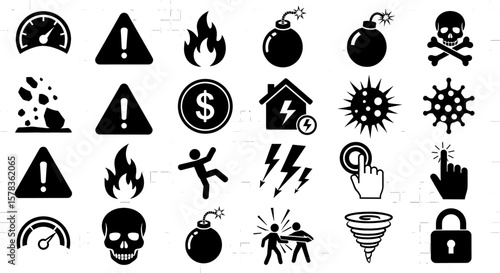 Image shows various warning icons and danger symbols. Hazard signs, safety measures, alert notifications, risk assessment, precaution, emergency response.