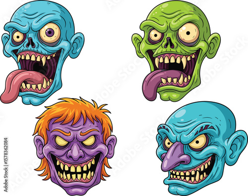 Creepy cartoon monster faces with exaggerated expressions, scary zombie heads, colorful horror characters, Halloween illustration, isolated on white background