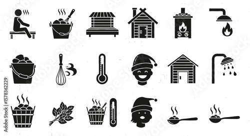 Sauna and spa icons for relaxation and wellness. Traditional bathhouse, heat therapy, steam room, wellness