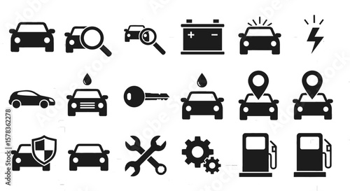 Car repair and maintenance icons set. Automotive service, vehicle diagnostics and inspection, auto repair, gas station symbol.