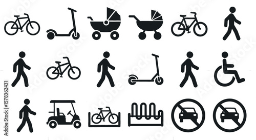 Icons depicting various modes of transport and accessibility. Transportation symbols, walking, bicycling, stroller, scooter, handicap accessible, no car