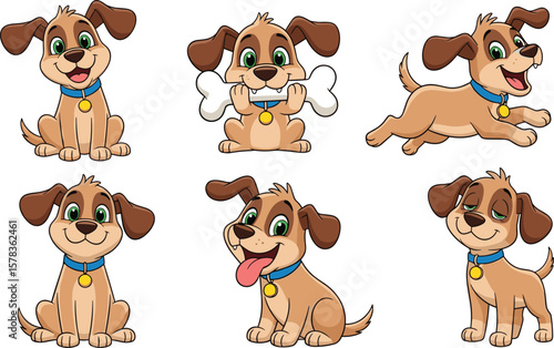 Cute cartoon puppy in different poses, happy dog with bone, sitting smiling dog, running puppy, adorable character set, vector clipart