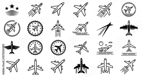 Collection of various airplane icons and symbols in black and white. Aviation industry, transportation, travel, and tourism themes.