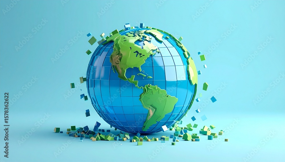 Naklejka premium A blue and green translucent pixel globe on a background, with pieces flying around it