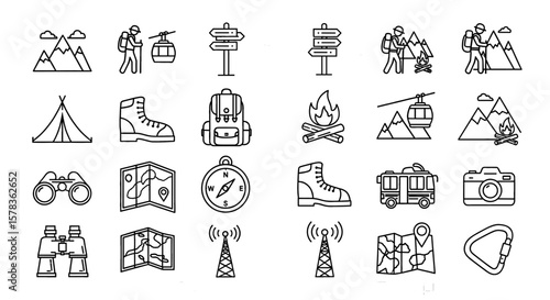 Hiking and camping line icons set. Collection of adventure, outdoors, travel, journey symbols.