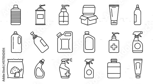 Cleaning product containers depicting household hygiene and sanitation, featuring disinfectant, soap, and cleaner supplies for healthy living