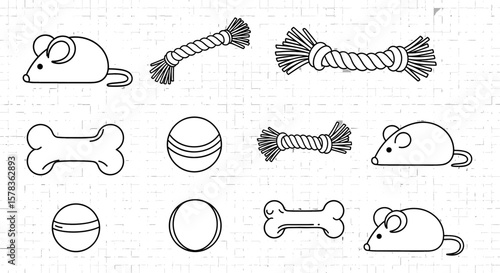 Various pet toys are shown, ready for play and amusement. Pet supplies, animal care, domestic animals, toys and recreation, pet store