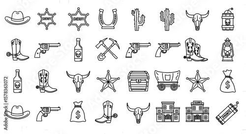 Collection of wild west outline icons, including cowboy hats, boots, guns, and desert imagery. Western, sheriff, cowboy, wildwest, bandit, desert, texas, vintage, retro, country