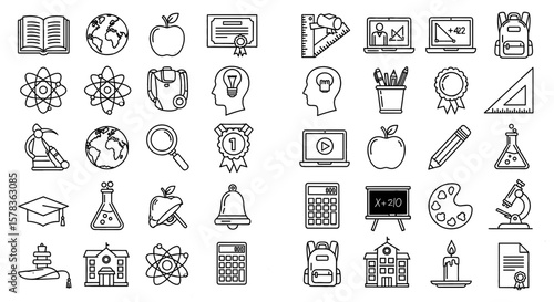 Line art illustrations of school and education icons. Back to school, learning, study, knowledge