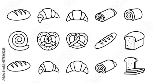 Variety of bread and pastry icons shown. Bakery goods, fresh pastries, baking, bakery, carbs, snacks