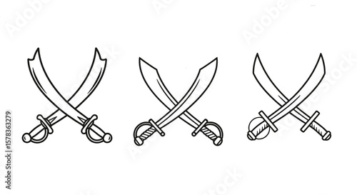 Three pairs of crossed swords are displayed. Crossed swords, pirate weapons, cutlass, symbol, danger, adventure.