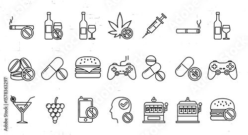 Icons show various addictions and bad habits. Negative habits, unhealthy lifestyle, addictive behaviors, dependencies, unhealthy habits, addiction treatment.