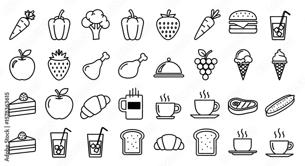 Various food items depicted in line art style. Healthy eating, food illustration, nutrition, balanced diet, dietary guidelines, recipe ingredients, menu design. Various food items depicted in line art style. Healthy eating, food illustration, nutrition, balanced diet, dietary guidelines, recipe ingredients, menu design.