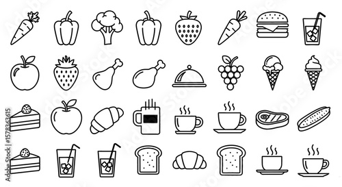 Various food items depicted in line art style. Healthy eating, food illustration, nutrition, balanced diet, dietary guidelines, recipe ingredients, menu design.