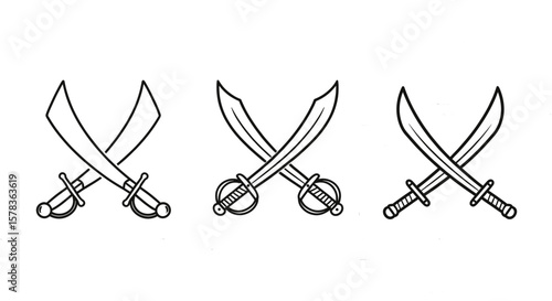 Crossed swords in line art depict pirate theme. Symbol, battle, weapon, danger, buccaneer, treasure, attack.