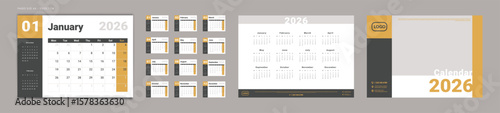 2026 Calendar Planner Set of Template Monthly Page with Note and cover with Place for Photo, Company Logo. Vector grid layout of wall or desk organizer with week start Monday for print. Pages size A4