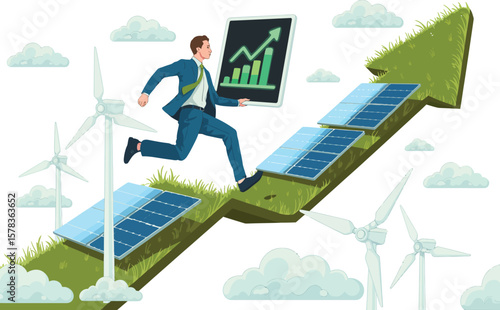 Businessman running up a green arrow graph with solar panels and wind turbines representing renewable energy growth ai generated vector design