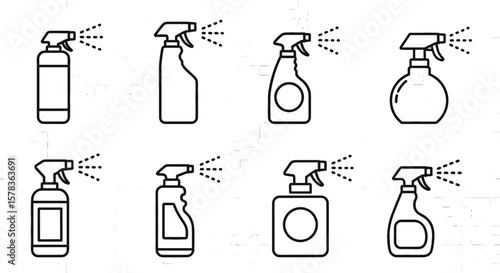 Cleaning spray bottles spraying liquid, line art. Hygiene products, sanitation, disinfection, antibacterial and surface sanitizer.