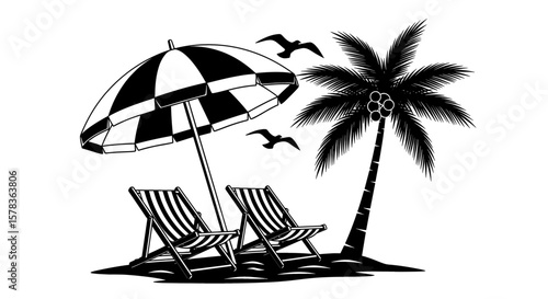 Beach scene with chairs under an umbrella. Summer vacation, tropical getaway, relaxation, island paradise