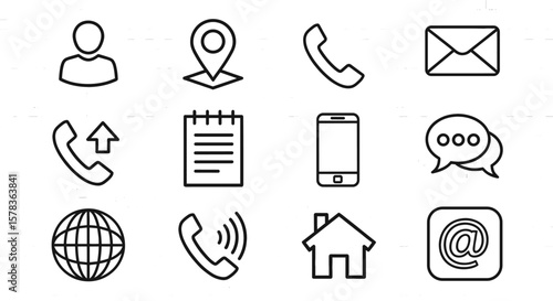 Contact and communication icons present. Communication, information, connection, contact, service, support, network, location, social, home.