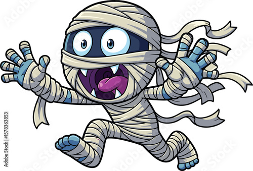 Funny cartoon mummy character, Halloween monster illustration, comic mummy design, spooky costume art, kids scary fun mummy mascot