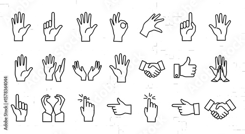 Collection of hand gesture icons in outline style. Human hand signals, communication, design elements, vector illustrations