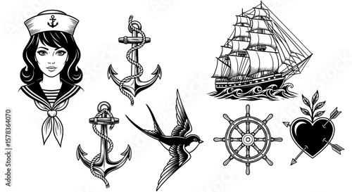 Nautical illustrations depicting maritime themes. Old school tattoo art, vintage marine symbols, sailor elements, sea tradition, nautical design