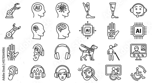 Icons represent assistive technologies and AI integration. Depicts support for disabilities and artificial intelligence advancements.