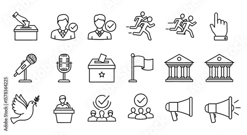 Set of icons represent democracy, voting, and governance. Collection of political symbols, election process, government structure, social choice