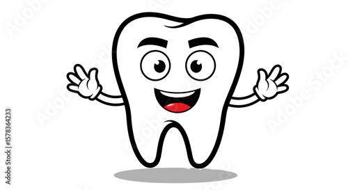 Smiling cartoon tooth character happily welcomes with open arms. Dental hygiene, oral health, health care, dentistry, children's health.