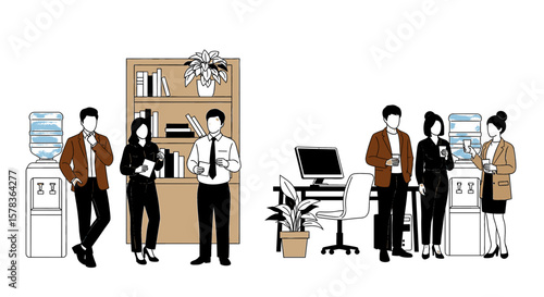 Coworkers socialize near the water cooler and office desk during break time. Workplace communication, employee relations, team environment, business culture, office life