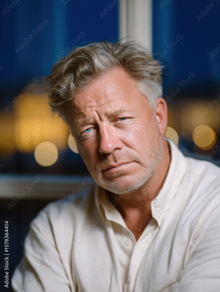 Fototapeta premium Mature man with tousled gray hair and blue eyes, wearing light colored shirt, gazes thoughtfully camera, exuding sense of calm and introspection