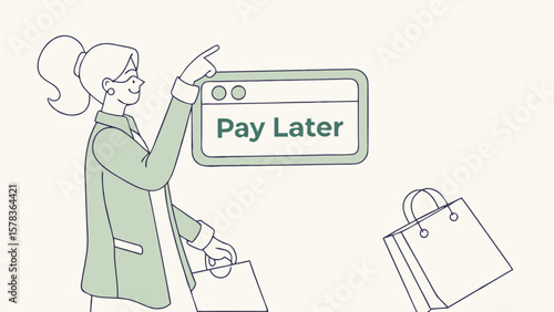 Woman points to pay later option with shopping bags isolated on white background