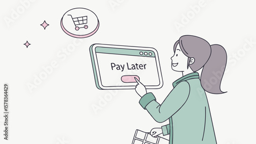 Woman selects pay later option on screen with shopping cart icon isolated on white background
