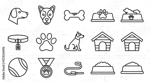 Set of outline pet icons on transparent background. Collection of dog related vector elements, accessories, food bowl, bone, house